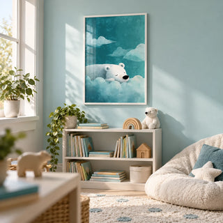 Polar Bear Wall Art, framed on the wall of a child's reading nook with a pale aqua wall