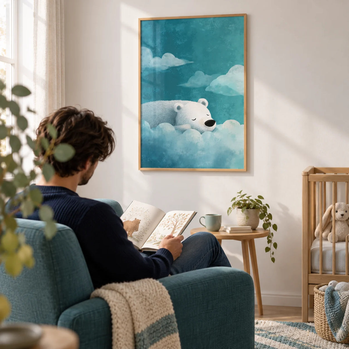 Polar Bear Wall Art, framed on the wall of a nursery feeding corner with a white wall