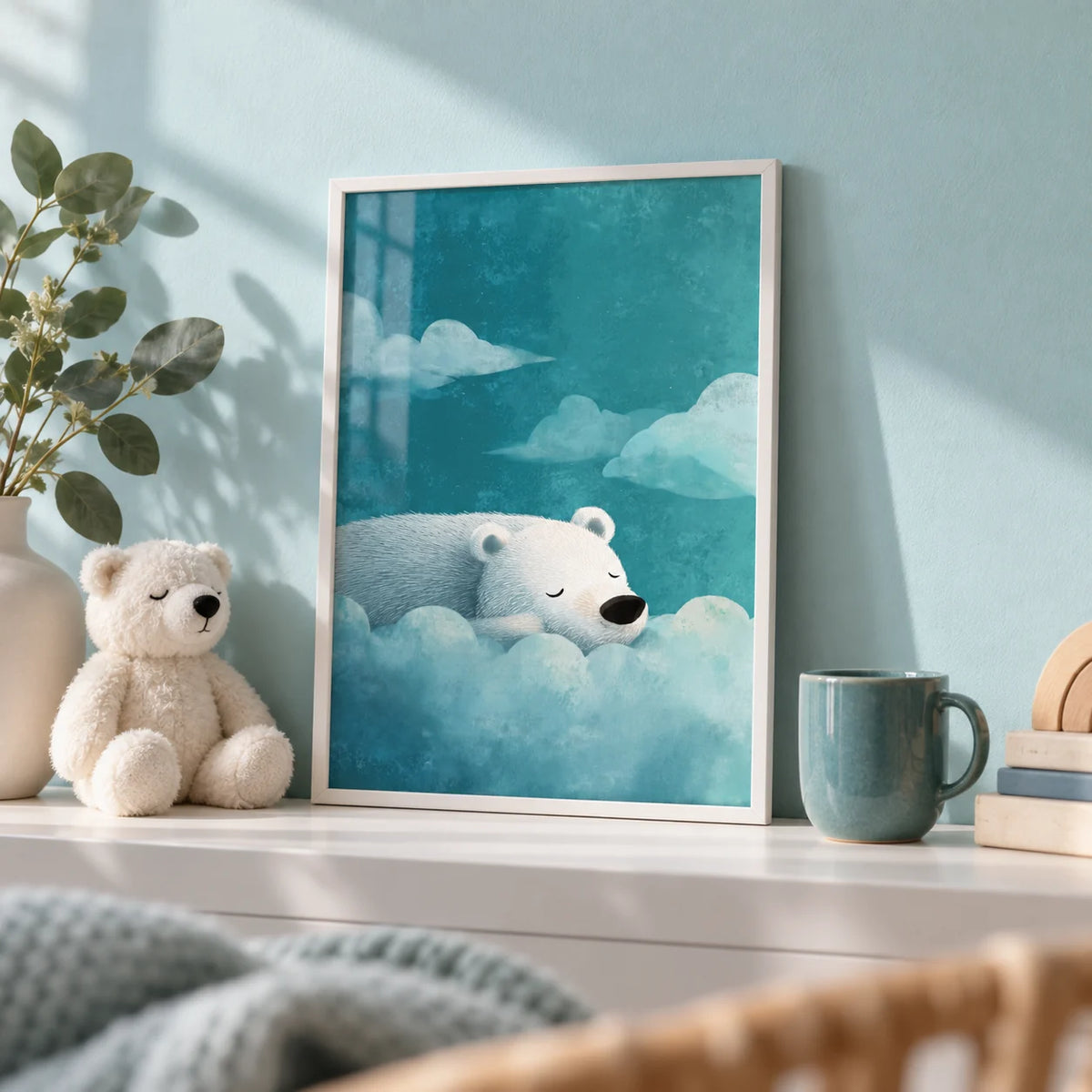 Polar Bear Wall Art, a small A4 framed print leaning on a white shelf in a living room