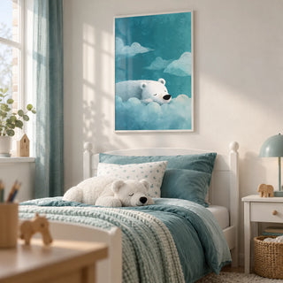 Polar Bear Wall Art, framed on the wall of a young child's bedroom with a soft white wall