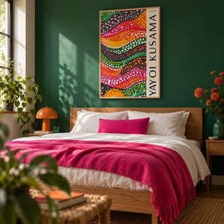 Polka Dot Art, framed on the wall of a bold modern bedroom with an emerald green painted wall