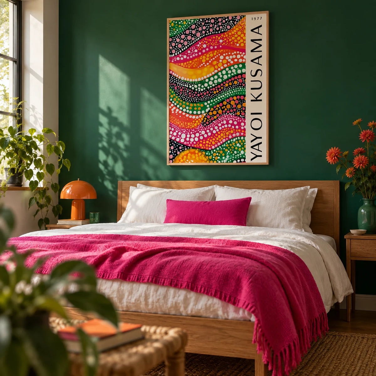 Polka Dot Art, framed on the wall of a bold modern bedroom with an emerald green painted wall