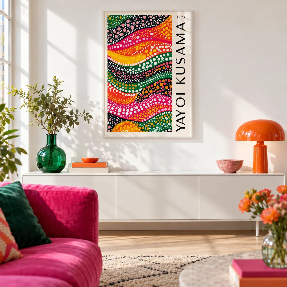 Polka Dot Art, framed on the wall of a bright design-led city flat living room with a white wall and a pale oak floor