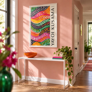 Polka Dot Art, framed on the wall of a bright hallway with a soft pink wall