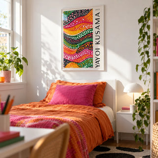 Polka Dot Art, framed on the wall of a bright single bedroom for a young adult (18-25) with a white wall