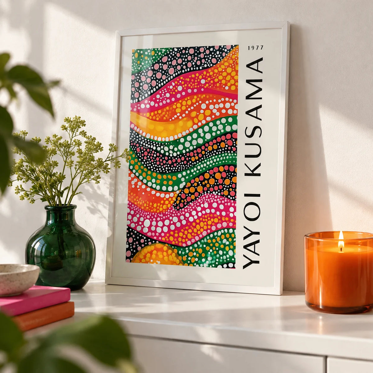 Polka Dot Art, a small A4 framed print leaning on a white shelf in a living room