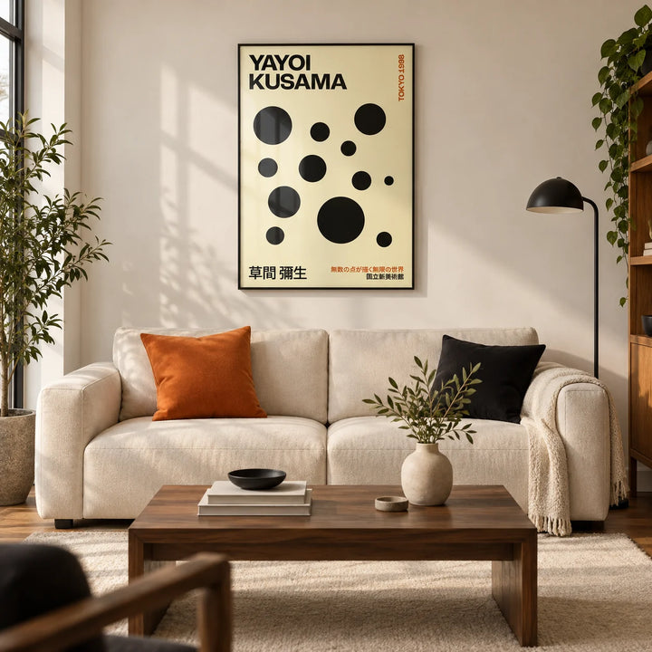 Polka Dot Artwork, framed on the wall of a modern living room in a design-led UK city flat with warm white walls