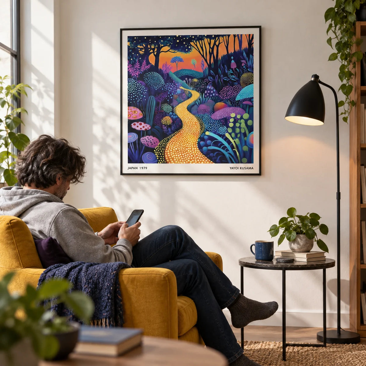 Polka Dot Pop Art, framed on the wall of a cosy reading corner with a white wall in a living room