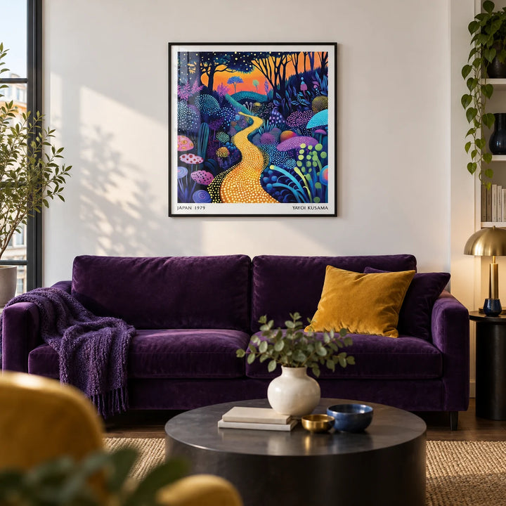Polka Dot Pop Art, framed on the wall of a modern city flat living room with a white wall and a dark oak floor