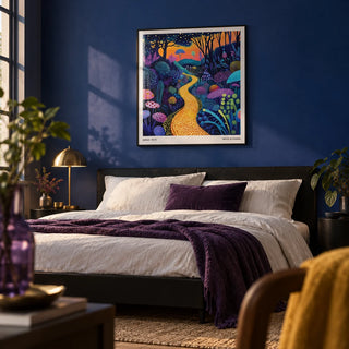 Polka Dot Pop Art, framed on the wall of a moody modern bedroom with a deep cobalt blue painted wall