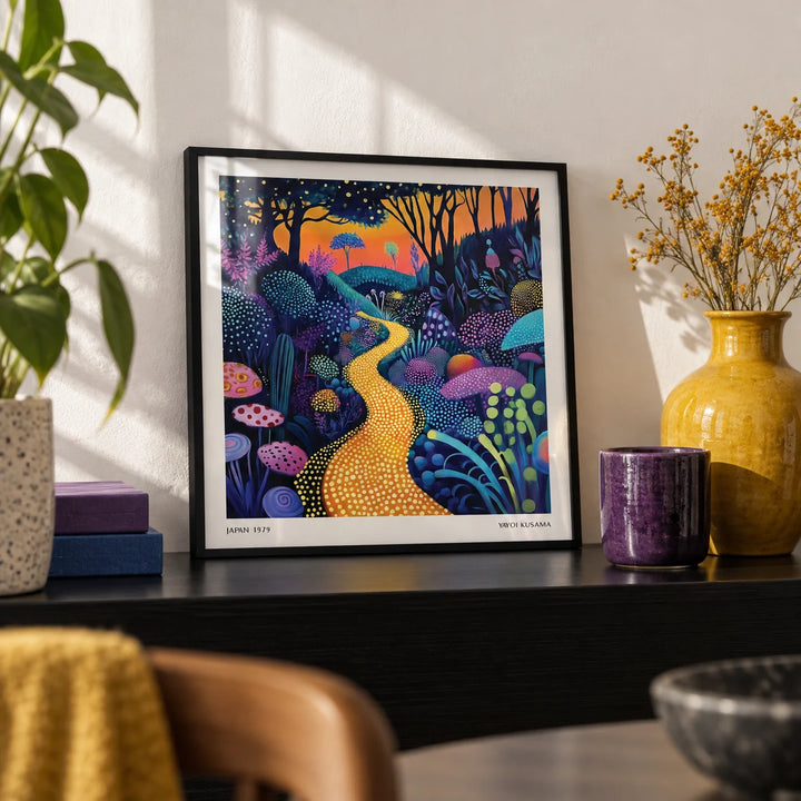 Polka Dot Pop Art, a small A4 framed print leaning on a black shelf in a living room