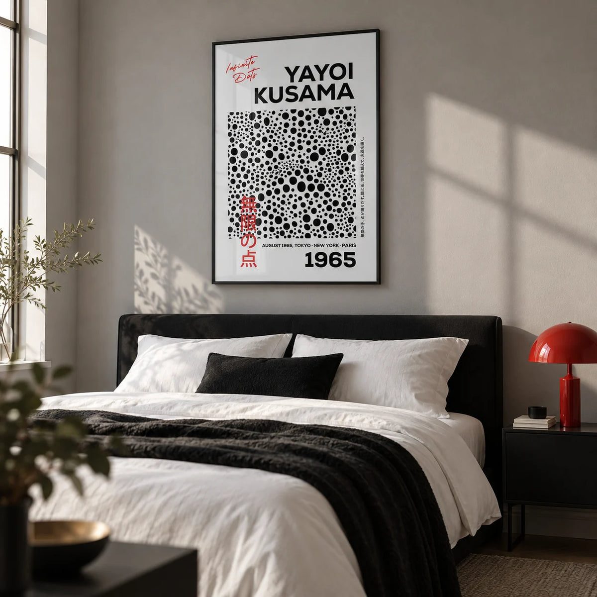 Polka Dots Art, framed on the wall of a calm modern bedroom with a soft grey wall
