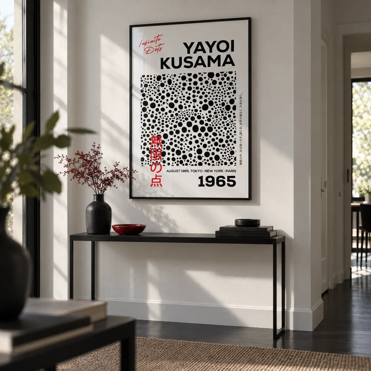 Polka Dots Art, framed on the wall of a crisp hallway with a white wall and a black floor