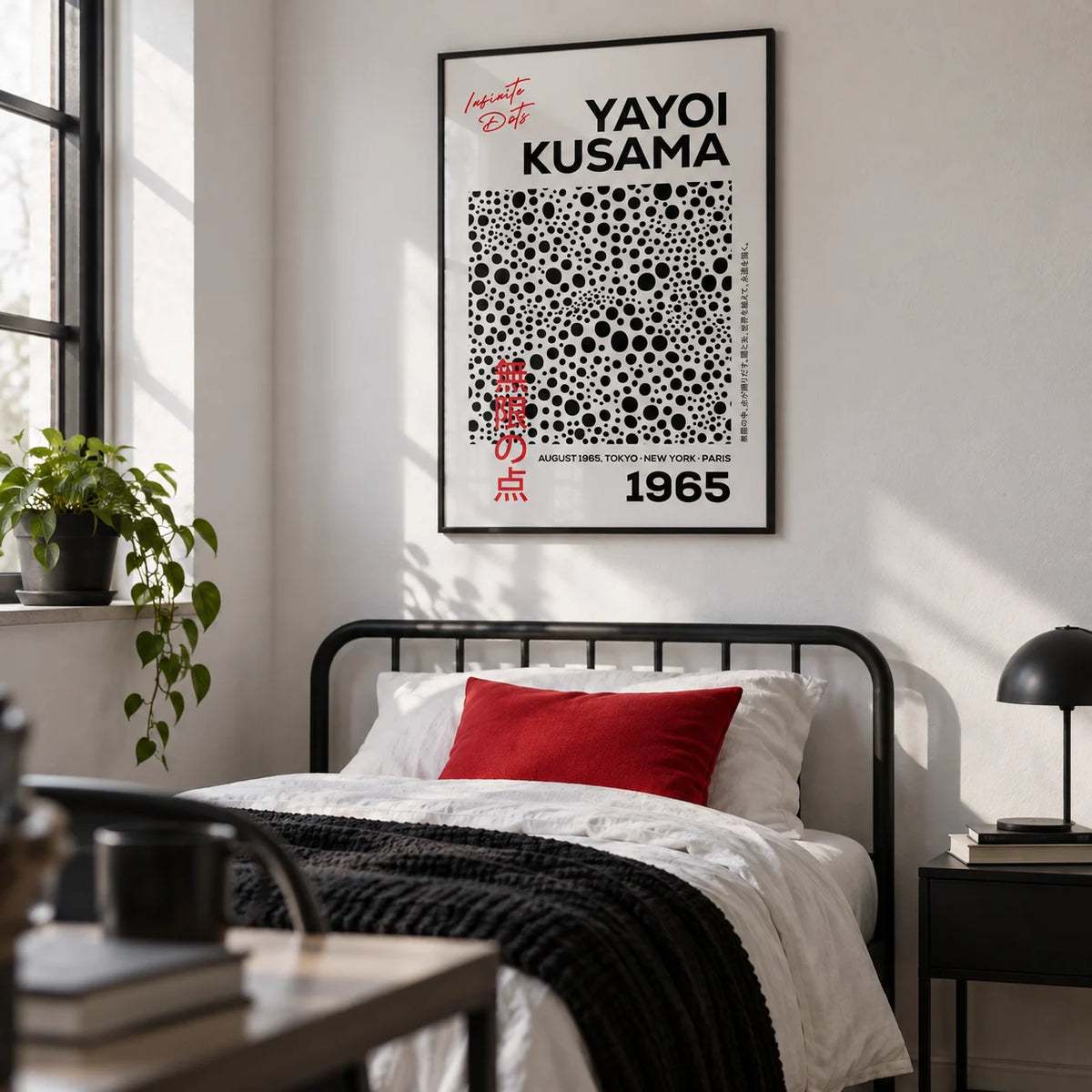 Polka Dots Art, framed on the wall of a monochrome single bedroom for a young adult (18-25) with a white wall