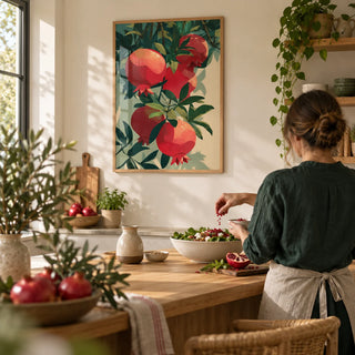 Pomegranate Art Print, framed on the wall of a modern family kitchen with a cream wall