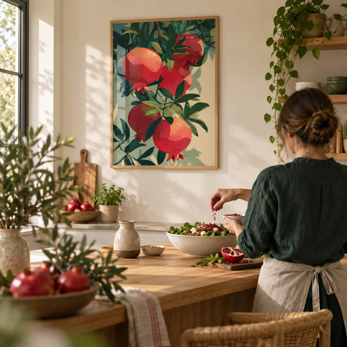 Pomegranate Art Print, framed on the wall of a modern family kitchen with a cream wall