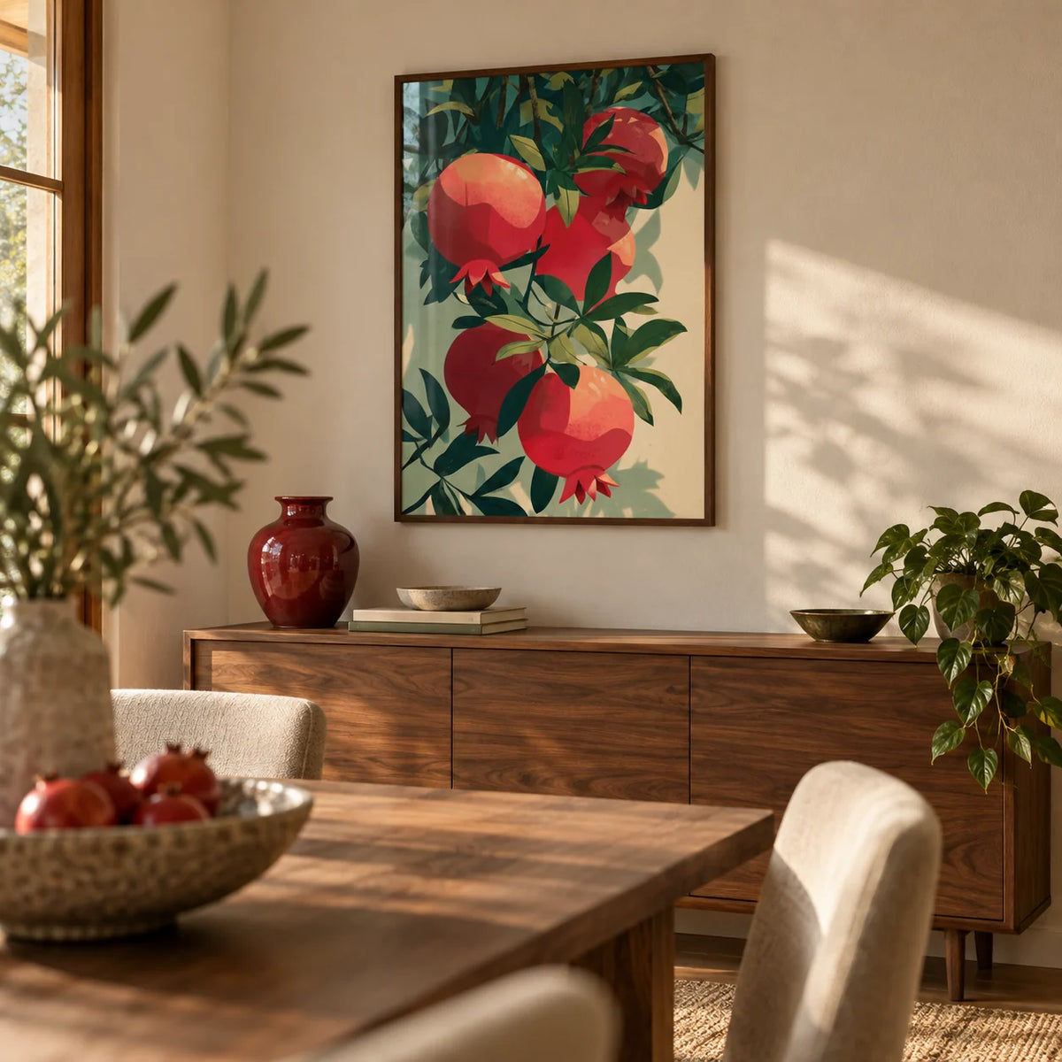 Pomegranate Art Print, framed on the wall of a warm dining room with a soft beige wall