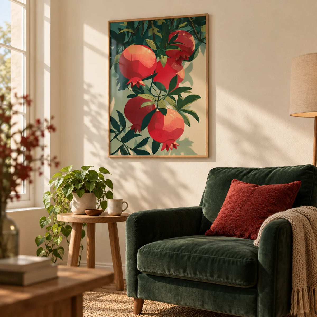 Pomegranate Art Print, framed on the wall of a warm living room with a cream wall
