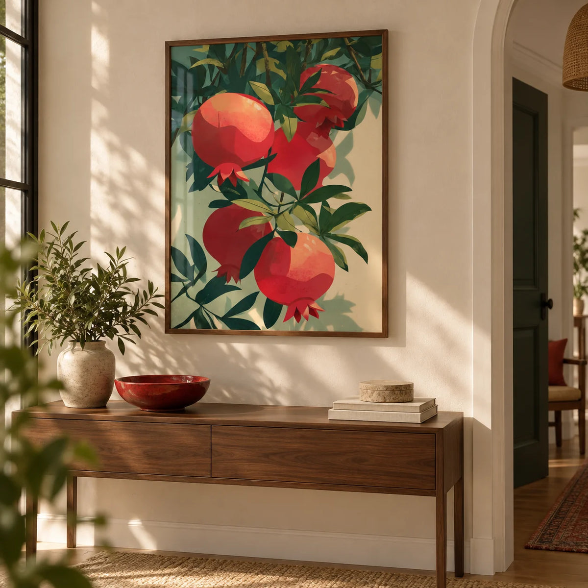 Pomegranate Art Print, framed on the wall of a welcoming hallway with a beige wall