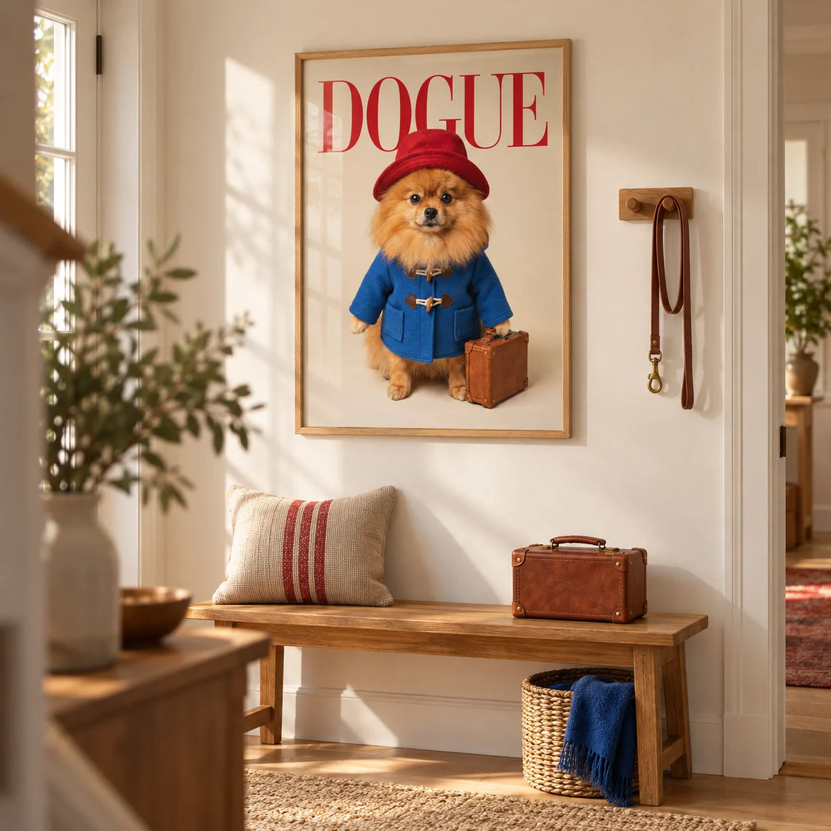 Pomeranian Poster, framed on the wall of a cheerful hallway with a warm white wall