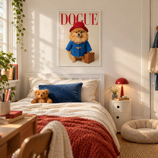 Pomeranian Poster, framed on the wall of a cheerful teen girl's bedroom (13-17) with a warm white wall