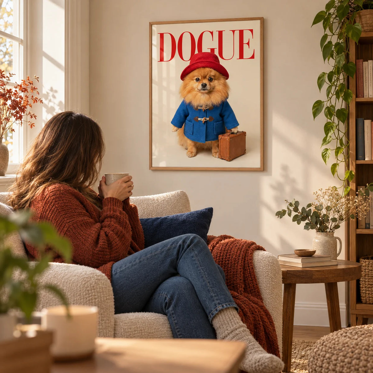 Pomeranian Poster, framed on the wall of a cosy reading corner with a soft beige wall in a living room