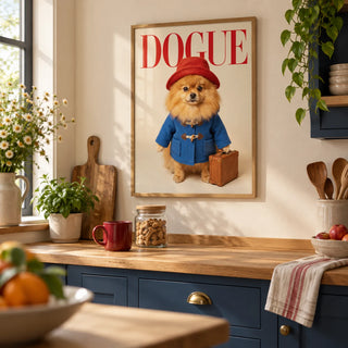 Pomeranian Poster, framed on the wall of a friendly kitchen with blue painted cabinets and a cream wall