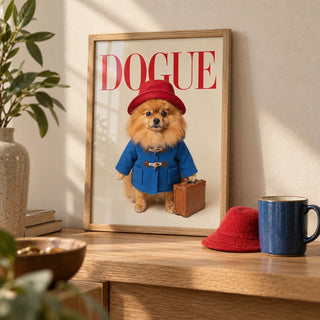 Pomeranian Poster, a small A4 framed print leaning on an oak shelf in a living room
