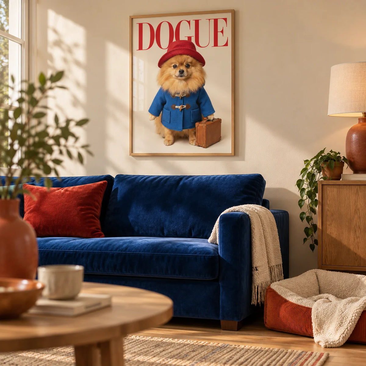Pomeranian Poster, framed on the wall of a warm living room with a beige wall and a light oak floor