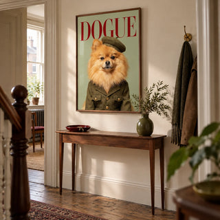 Pomeranian Wall Art, framed on the wall of a characterful hallway in a UK Victorian terrace with warm off-white walls and stripped wooden floorboards
