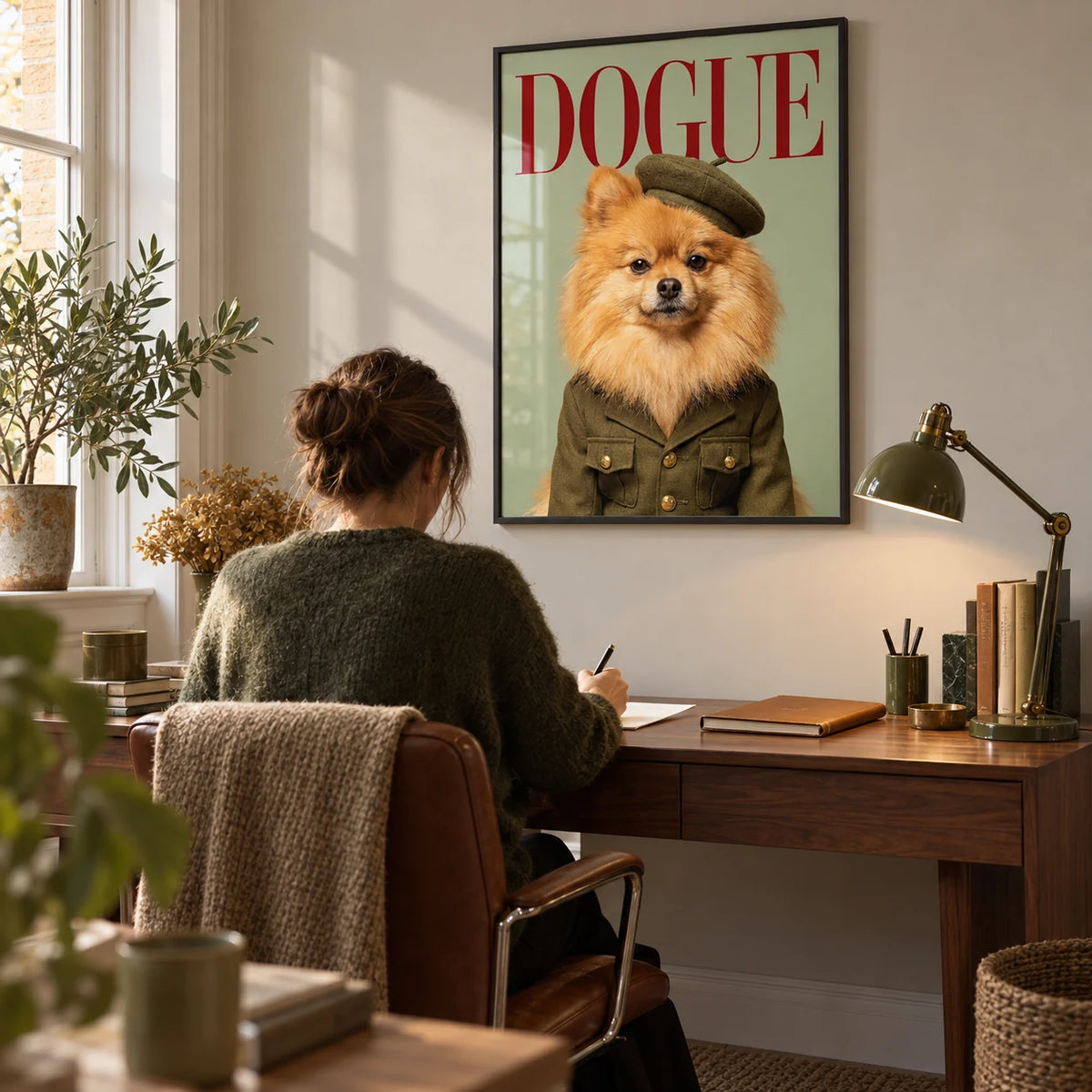 Pomeranian Wall Art, framed on the wall of a compact home study in a UK flat with a pale warm grey wall