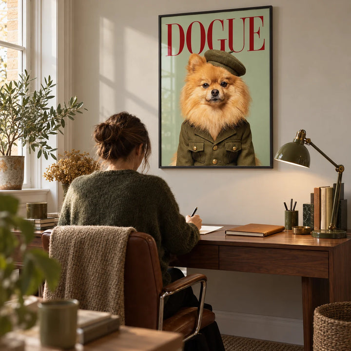 Pomeranian Wall Art, framed on the wall of a compact home study in a UK flat with a pale warm grey wall