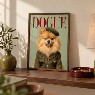 Pomeranian Wall Art, a small A4 framed print leaning on a walnut shelf in a living room