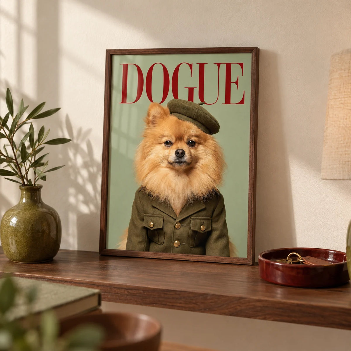 Pomeranian Wall Art, a small A4 framed print leaning on a walnut shelf in a living room