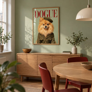 Pomeranian Wall Art, framed on the wall of a small modern dining room in a UK maisonette with a muted sage wall