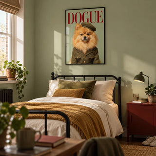 Pomeranian Wall Art, framed on the wall of a stylish single bedroom for an older teen (16-19) in a UK family home with a pale sage wall