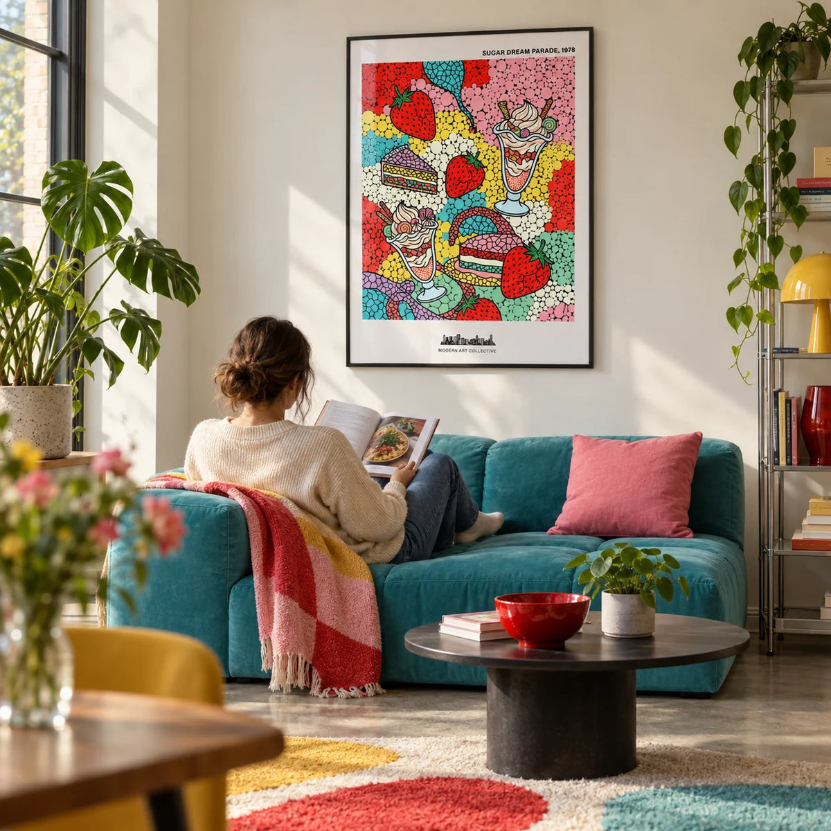 Pop Art Dessert, framed on the wall of a bright design-led living room in a first flat for a couple aged 25-32 with an off-white wall and a concrete floor