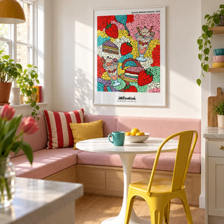 Pop Art Dessert, framed on the wall of a compact eat-in kitchen in a UK maisonette with a white wall and a built-in pale pink breakfast banquette