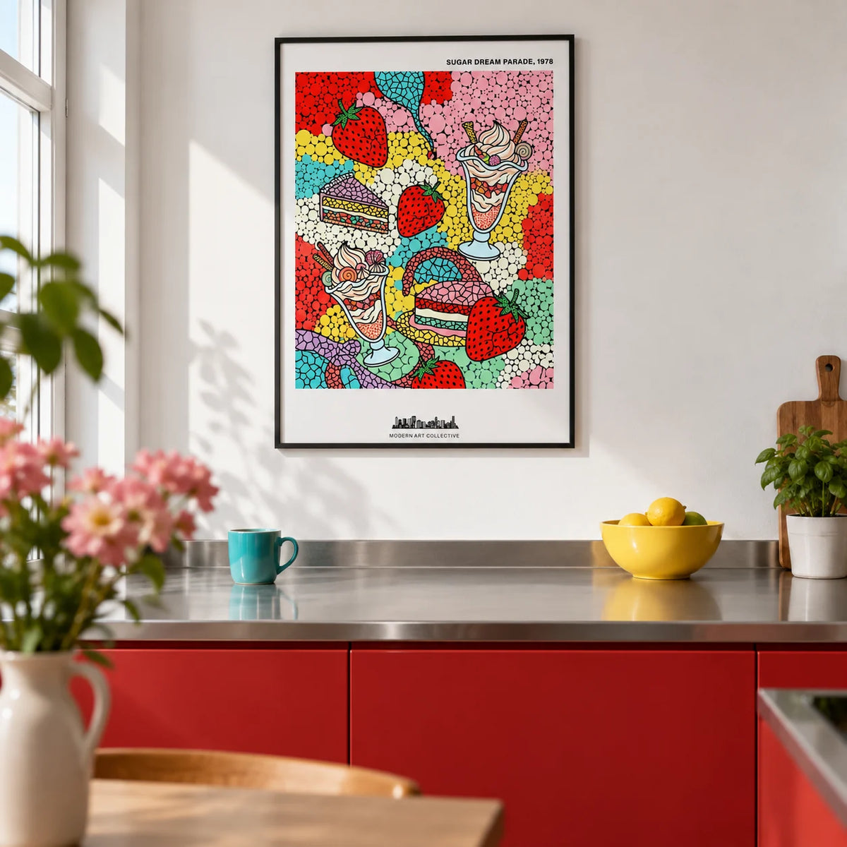 Pop Art Dessert, framed on the wall of a crisp modern kitchen in a UK city flat with white walls