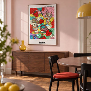 Pop Art Dessert, framed on the wall of a modern dining room in a renovated UK terrace with pale pink walls and a walnut floor