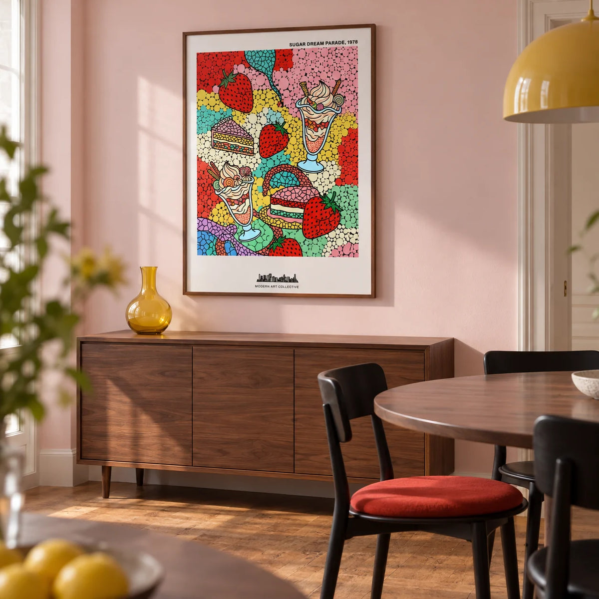 Pop Art Dessert, framed on the wall of a modern dining room in a renovated UK terrace with pale pink walls and a walnut floor