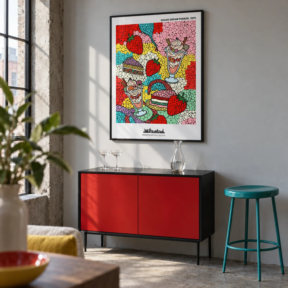 Pop Art Dessert, framed on the wall of a modern home bar corner within a UK loft living room with a pale grey wall and exposed concrete floor