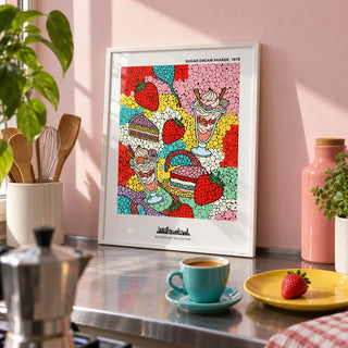 Pop Art Dessert, a small A4 framed print leaning on a stainless steel kitchen worktop