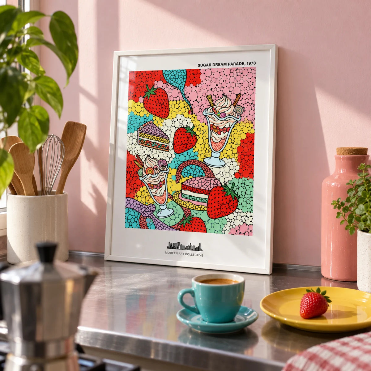 Pop Art Dessert, a small A4 framed print leaning on a stainless steel kitchen worktop