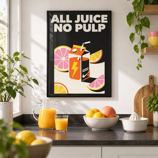 Pop Art Poster, framed on the wall of a bright modern kitchen with white walls and a black worktop