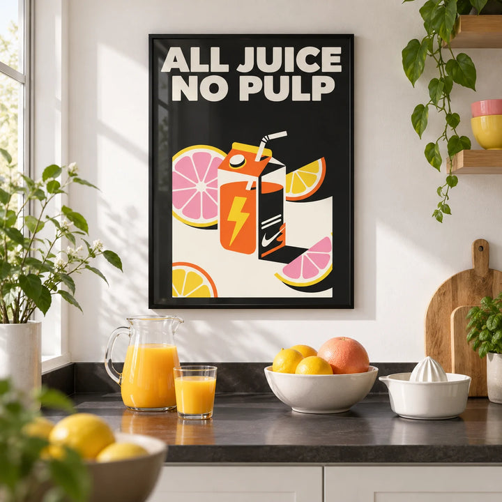 Pop Art Poster, framed on the wall of a bright modern kitchen with white walls and a black worktop