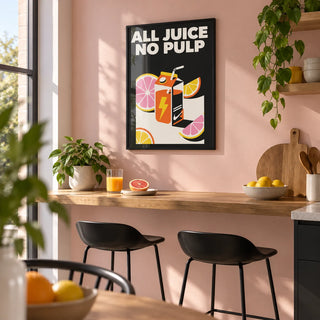 Pop Art Poster, framed on the wall of a first flat kitchen breakfast bar with a pale pink painted wall