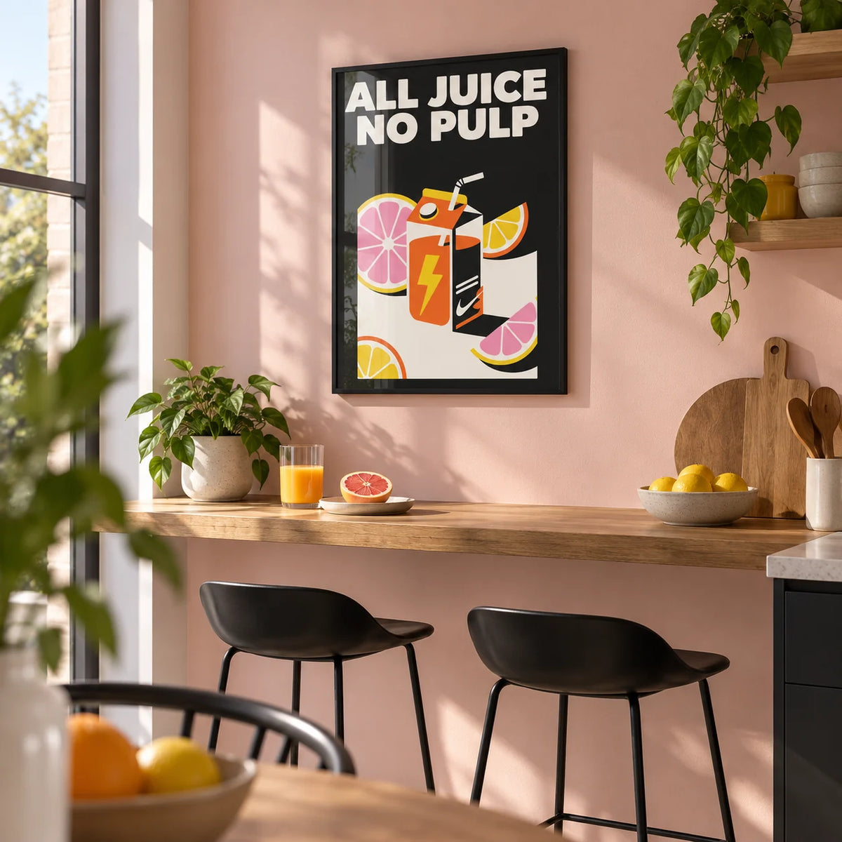 Pop Art Poster, framed on the wall of a first flat kitchen breakfast bar with a pale pink painted wall