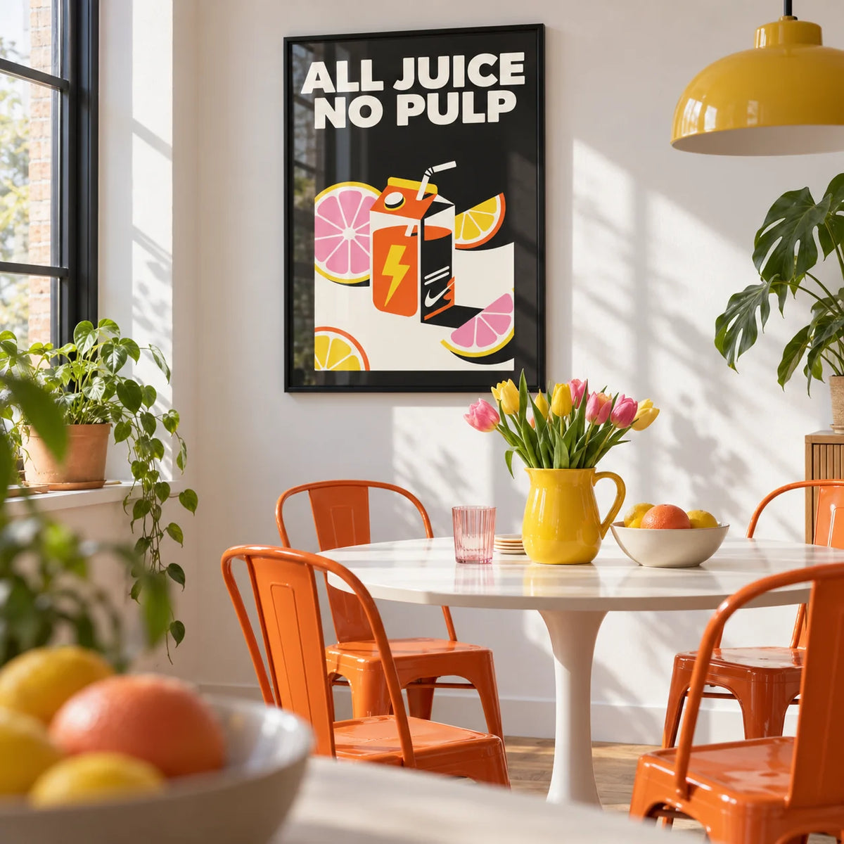Pop Art Poster, framed on the wall of a playful modern dining nook with a white wall