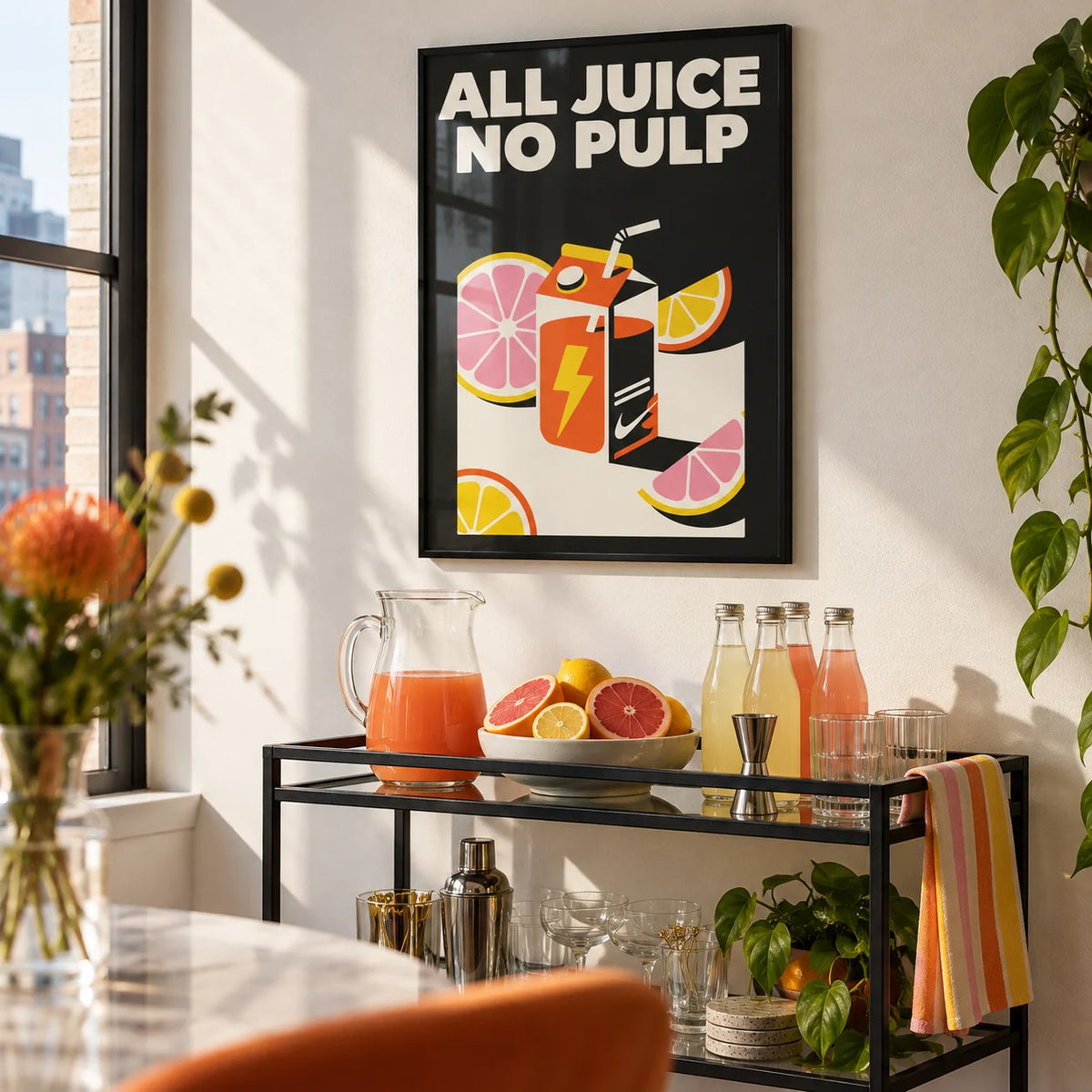 Pop Art Poster, framed on the wall of a small home bar corner in a city flat with a white wall in a living room